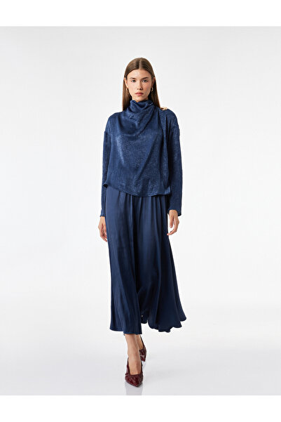 Koton Textured Satin Blouse with Metal Accessories, Draped High Collar, Long ...