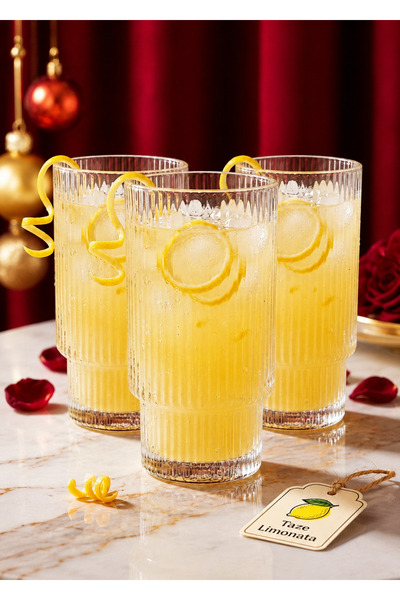 çukurova home Set of 6 Origami Striped Modern Long Soft Drink Glasses (400 ml)