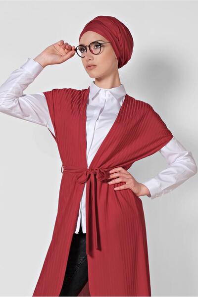 TRENDTESETTÜR KADIN KIRMIZI KUŞAKLI YELEK T 4241