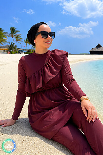 Ka Hijab Ruffle Detail Full Covered 2-Piece Hijab Swimsuit - Claret Red