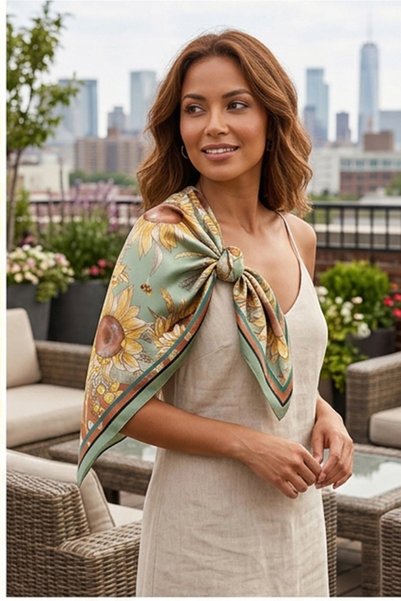 DSCARF Eșarfă de damă verde din satin cu model floarea-soarelui 70x70 cm - Eșarfă florală cu legături la talie și pe umeri