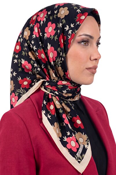 hadiora Women's Black Ecru Floral Patterned Organic Cotton Soft Scarf