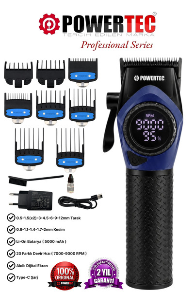 POWERTEC TR-5100 Profesyonel Saç Tıraş Makinesi | 9000 RPM Dijital Ekran | Şa...