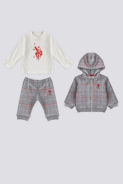 U.S. Polo Assn. U.S. Polo Assn Gray Melange Patterned Hood Detail Baby 3 Piec...