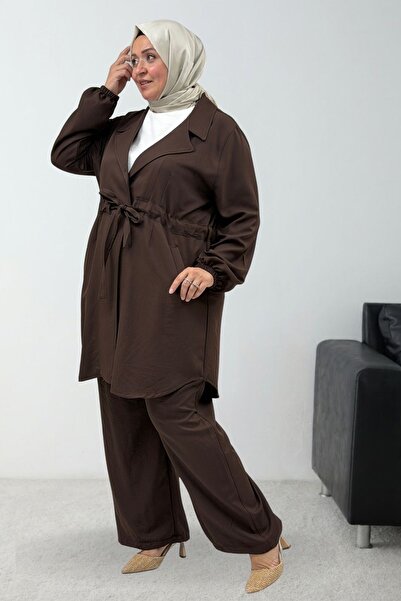 Eslina 67019 Large Size Tie-Waist Pants Jacket Nora Set - Brown