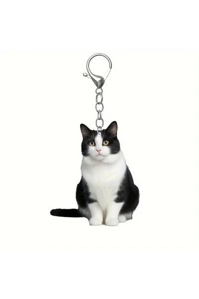 Choice 2 Cute Black White Cat Keychain 2D Acrylic Double-Sided Design Animal ...