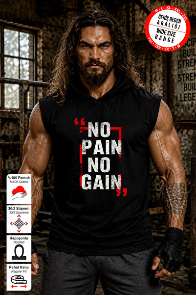 BESSA Siyah Kapüşonlu Sporcu Atleti No Pain No Gain Baskılı Pamuklu Premium S...