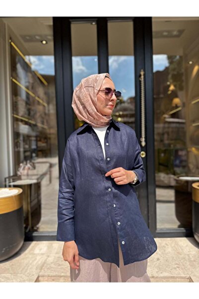 Babil Butik TD3557 Düğmeli Kadın Gömlek Lacivert