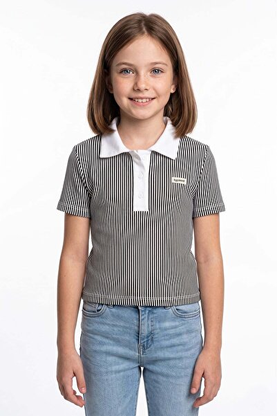 Fulla Moda cu dungi Tricou pentru fete cu guler polo și emblemă