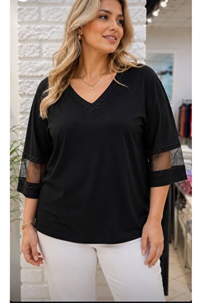 PARKDERİN Plus Size Bluz with Stone-Embellished Sleeves and Collar, Tulle Det...