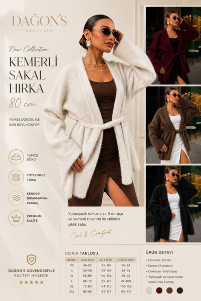 dağons Kemerli Kadın Sakal Triko Hırka 75 Cm
