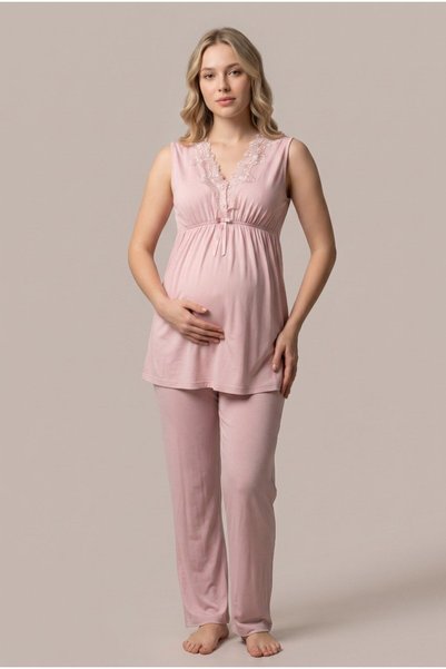 Generic Brand Women's Powder Patterned Lace New Season 3-Piece Maternity Pajama Set with Dressing Gown