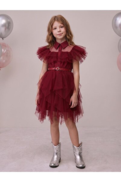 Civil Girls Beli Kemerli Tül 6-12 Yaş Elbise - Kırmızı