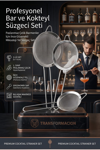 Transformacion Bar Süzgeci Bar Strainer 3 Boy Set 5 7 8 cm Profesyonel Çelik ...