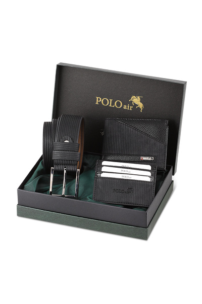 Poloair Kemer Cüzdan Kartlık Anahtarlık Hediyelik Kutusunda Siyah Set M-09-S