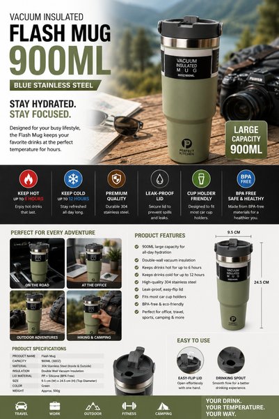 Perfect Kitchen Flash Mug 900ML Navy Green Stainless Steel