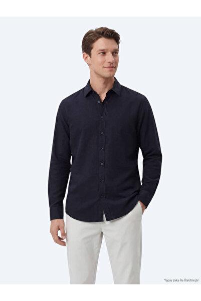 Kip Navy Blue Plain Regular Fit Long Woven Casual 100% Cotton Shirt