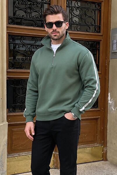Madmext Khaki Zippered Half Turtleneck Men's Sweatshirt E7164