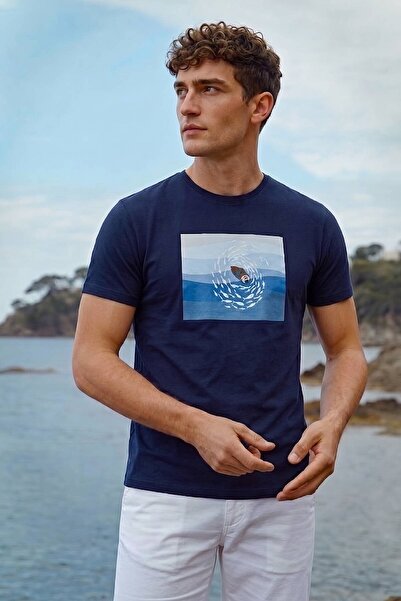SMILE Sebastian Navy Blue Cotton Crew Neck Printed T-Shirt