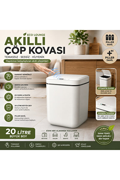 Akıllı Çöp Kovası, Büyük Boy 20 Litre, Uv Işık Ve Sensörlü, Haraket Algılayan, Sessiz Kapak
