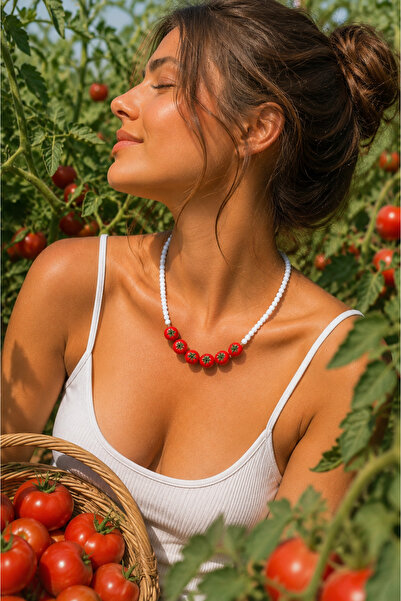 PEONY peonyofficiall Domates Beyaz Kristal Çelik Kolye Meyve Kolye