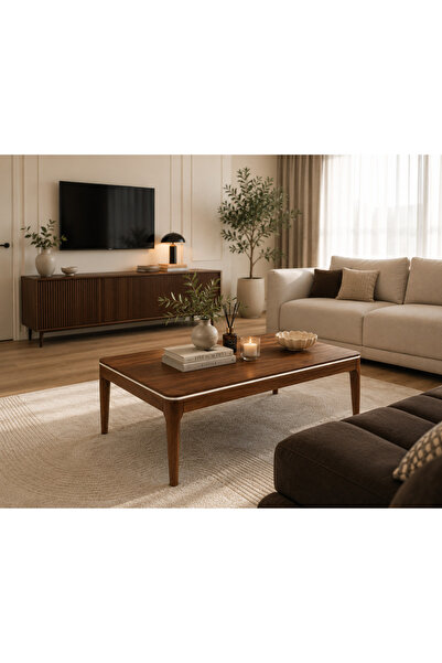 FAMİ HOME Alis Orta Sehpa Ceviz Ahşap Ayaklı Krem Detaylı Modern Salon Sehpası