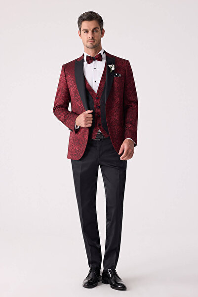 Ysf Erkek Bordo Kırlangıç Yaka Yelekli Slim Fit Desenli Damatlık