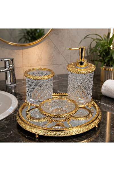 Hinora طقم حمام كريستال موديل دوكوم مع صينية مرآة 4 قطع (حامل فرشاة أسنان - م...