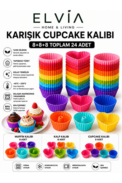 ELVIA SİLİKON Silikon Karışık Mini Kek Kalıbı, Muffin + Kalp + Cupcake Kalıbı...