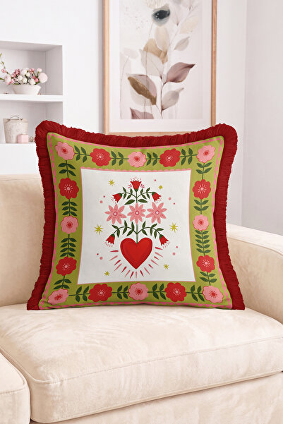 Realhomes Heart and Flower Motif Framed Pattern Fringed Throw Pillow Cover - ...