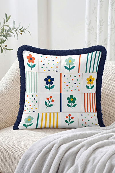 Realhomes Fringed Throw Pillow Cover with Floral Figures and Patchwork Stripe...