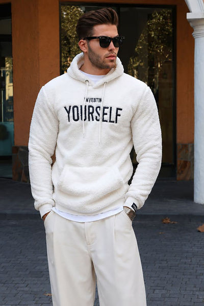 Madmext White Plush Hooded Sweatshirt - 4390