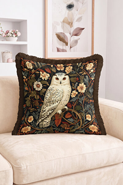 Realhomes Owl Figured Flower and Leaf Patterned Fringed Throw Pillow Cover Mo...