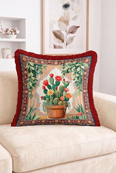 Realhomes Cactus and Floral Patterned Burgundy Fringed Throw Pillow Cover in ...