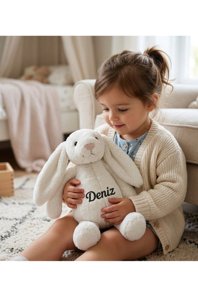 Tosbiş [ İSTEDİĞİNİZ İSMİ YAZIYORUZ ] Uyku Arkadaşı Tavşan Beyaz -İsim Baskılı Peluş Tavşan Oyuncak -Bebek Hediyesi -Yenidoğan -Çocuk Hediyesi