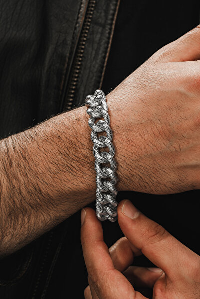 OSMANLI GÜMÜŞ Men's Steel Bracelet - Striped 4mm Thick Gourmet Model Men's Br...