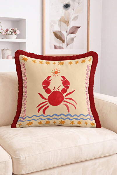 Realhomes Crab and Sun Figured Wave and Star Patterned Fringed Throw Pillow C...