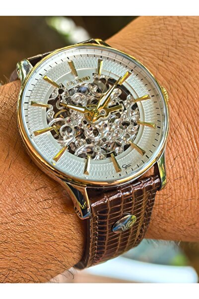 Raymond Silver Gold Steel Crocodile Pattern Band Automatic Men Wristwatch