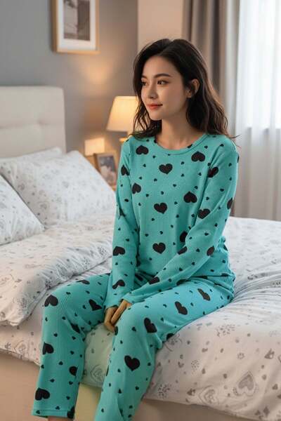 Fulla Moda Heart Pattern Crew Neck Pajamas Set