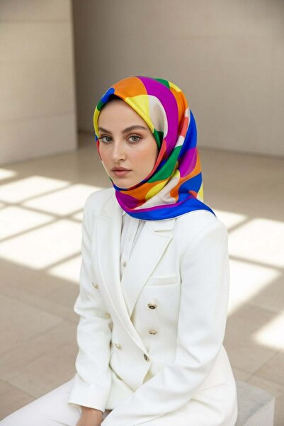 Vissona %100 Twill Renk Bloklu Çizgili Desenli Saks - Turuncu Renkli 90x90 Eş...