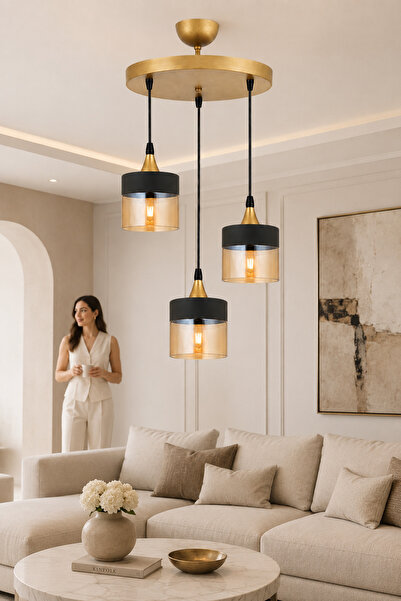 ESSLİGHT Nice 3’lü Sarkıt Eskitme Bal Camlı Modern Salon Mutfak Yatak Odası A...