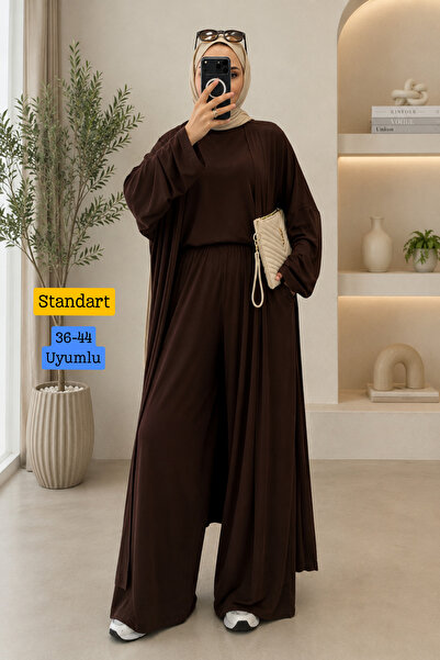 Balenbi Kadın Penye Uzun Hırka Bluz Geniş Paça Pantolon Abaya Takım Kahvereng...