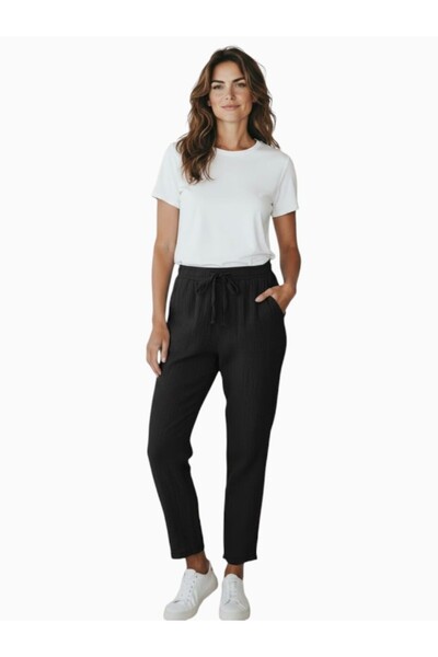 MODA Women's Elastic Waist Narrow Leg Muslin Linen Trousers