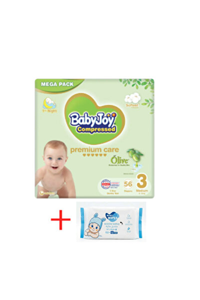 BabyJoy حفاضات أوليف مقاس 3 عبوة متوسطة 56 قطعة + مناديل مامي بيور ووتر