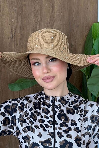 Şulemoda Giyim Full Stone Wide Straw Hat Brown