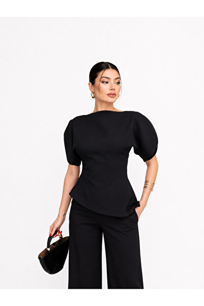 BNGL Boutique Bele oturan bluz & pallazo pantolon takım siyah rengi