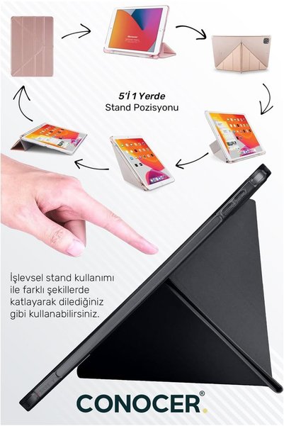 CONOCER Apple iPad 11 A16 2025 10. Nesil 10.9 Tablet Kılıfı Kalem Bölmeli Uyku Modlu Katlanır Tri Folding Standlı Şeffaf Arka Kapak