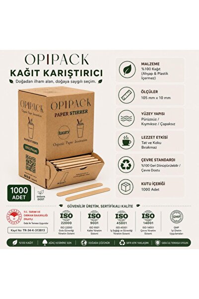 Opipack Çevre Dostu Kağıt Çay/Kahve Karıştırma Çubuğu 1000 Adet
