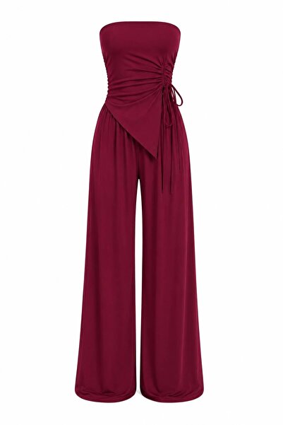 POP STORY Women's Strapless Tie-Up Asymmetrical Cut Blouse and Wide Leg Pants