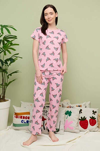 Fulla Moda Koala Desenli Bisiklet Yaka Kısa Kollu Pijama Takımı